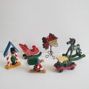 Set of 6 Christmas wood metal ornaments mini figurines made in Taiwan 1970s